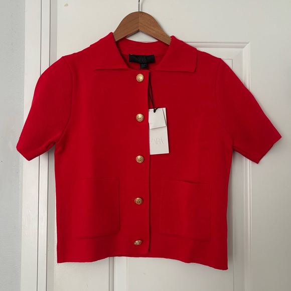 Zara Short Sleeve Knit Jacket Red Gold Button Down with Collar - Picture 2 of 4
